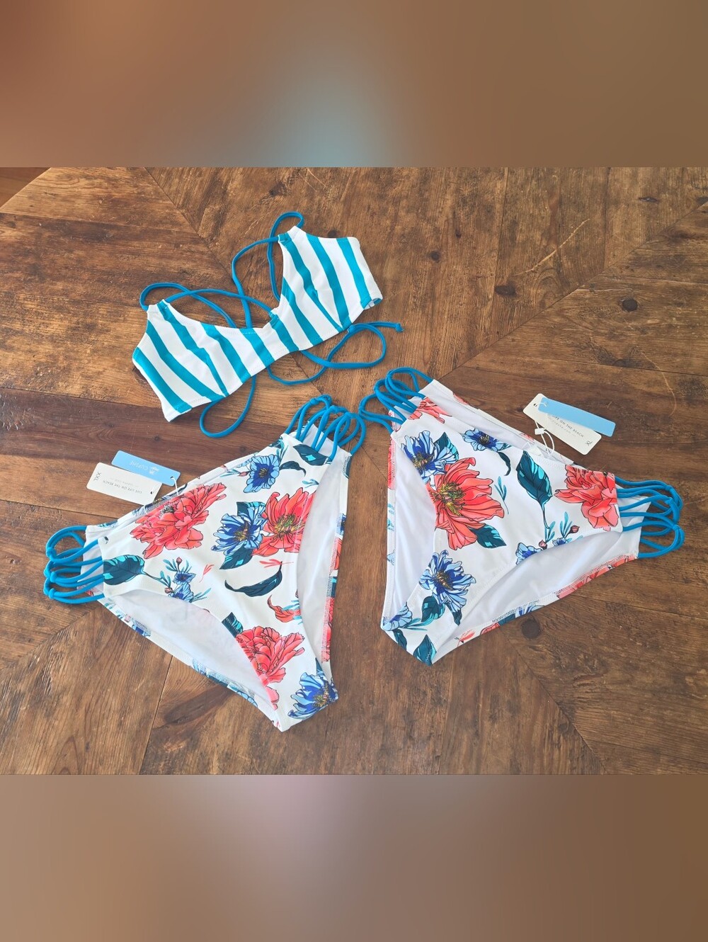 NWT 3pc. Striped Teal & White Bikini Top w/ 2 Floral Bottoms - Women's Swim